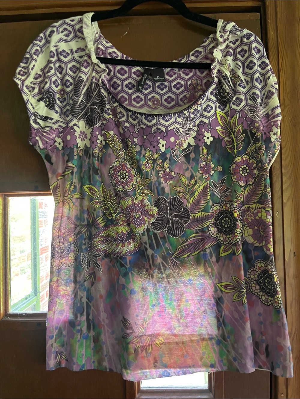 new directions Beaded Purple Pink Yellow Floral Scoop Neck Top Petite Large